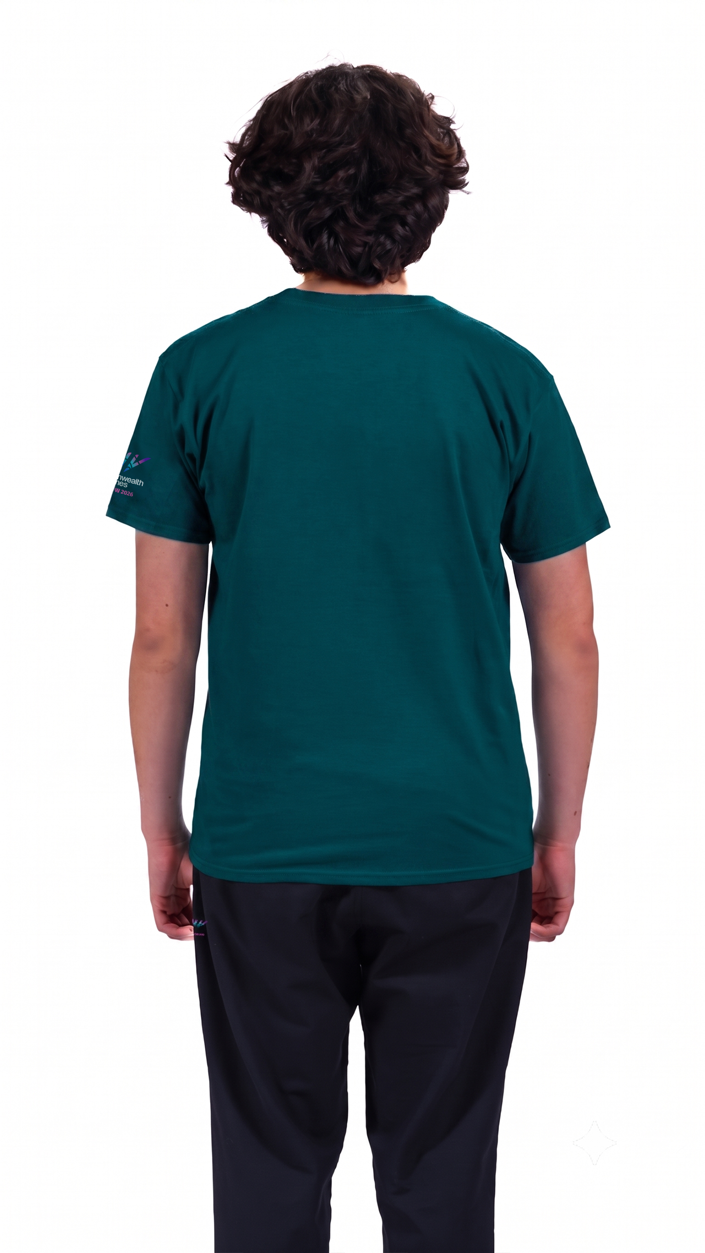 Back view of man wearing teal Glasgow 2026 Celebration t-shirt.
