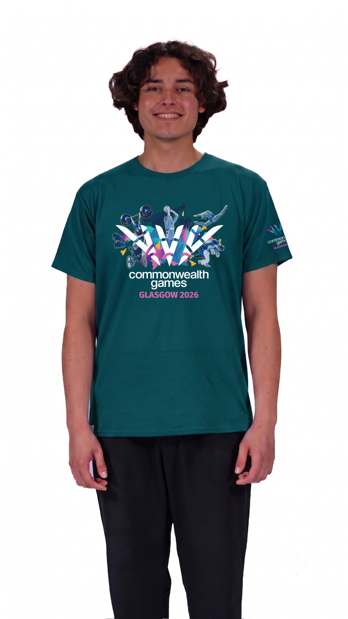 Man wearing teal t-shirt with Glasgow 2026 Celebration graphic t-shirt.
