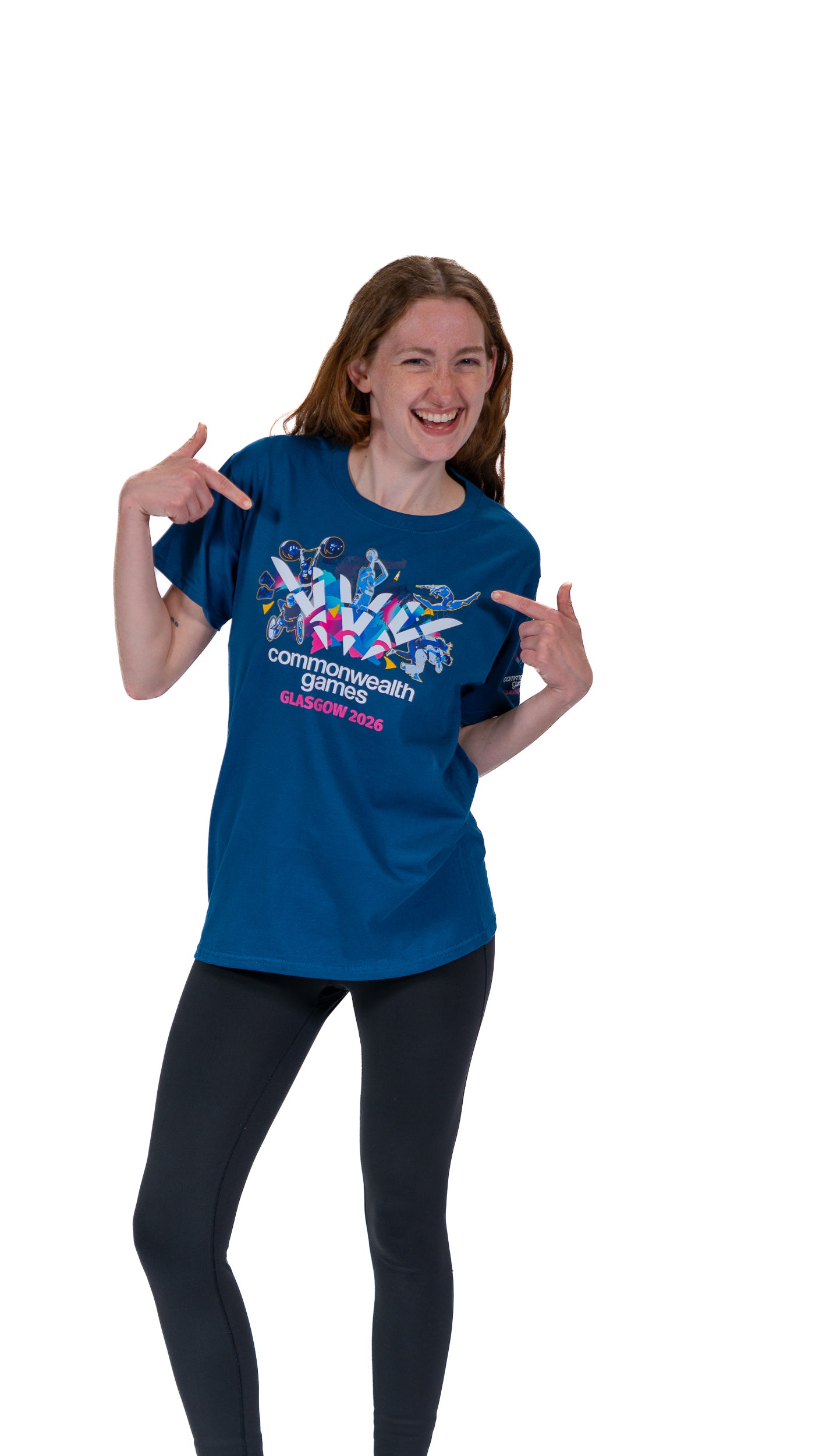 woman wearing blue t-shirt with Glasgow 2026 Celebration graphic t-shirt.