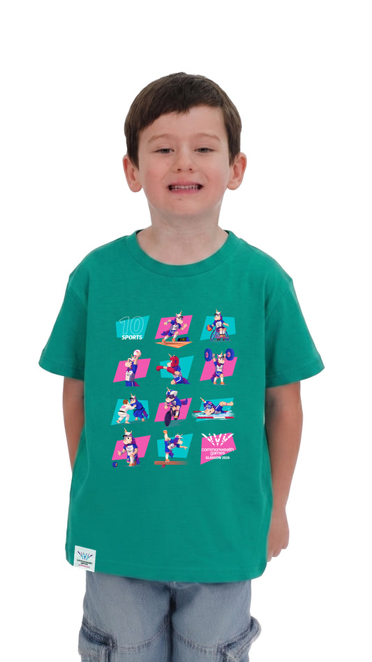 Front view of young boy wearing green Glasgow 2026 Finnie Mascot sport pictograms t-shirt.