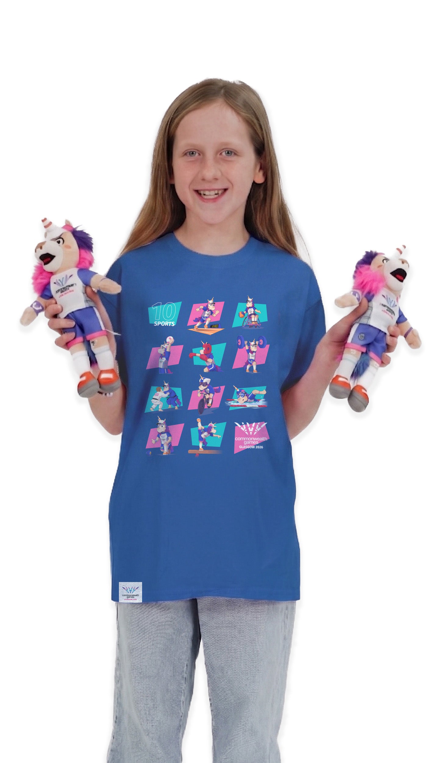 Front view of young girl wearing blue Glasgow 2026 Finnie Mascot sport pictograms t-shirt.
