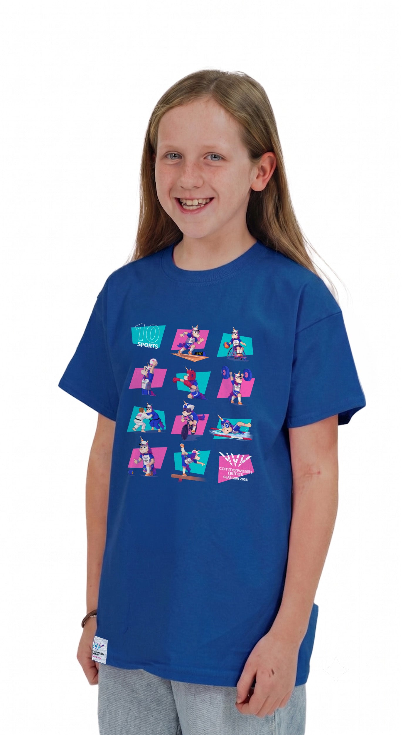 Three quarter view of young girl wearing blue Glasgow 2026 Finnie Mascot sport pictograms t-shirt.