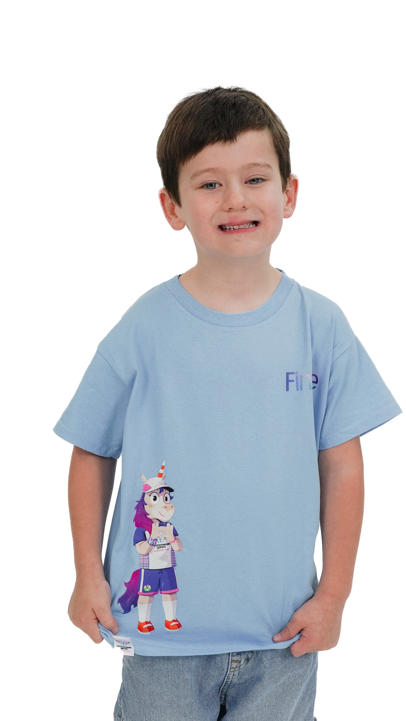 Front view of young boy wearing sky blue t-shirt with Glasgow 2026 Finnie Mascot side print.