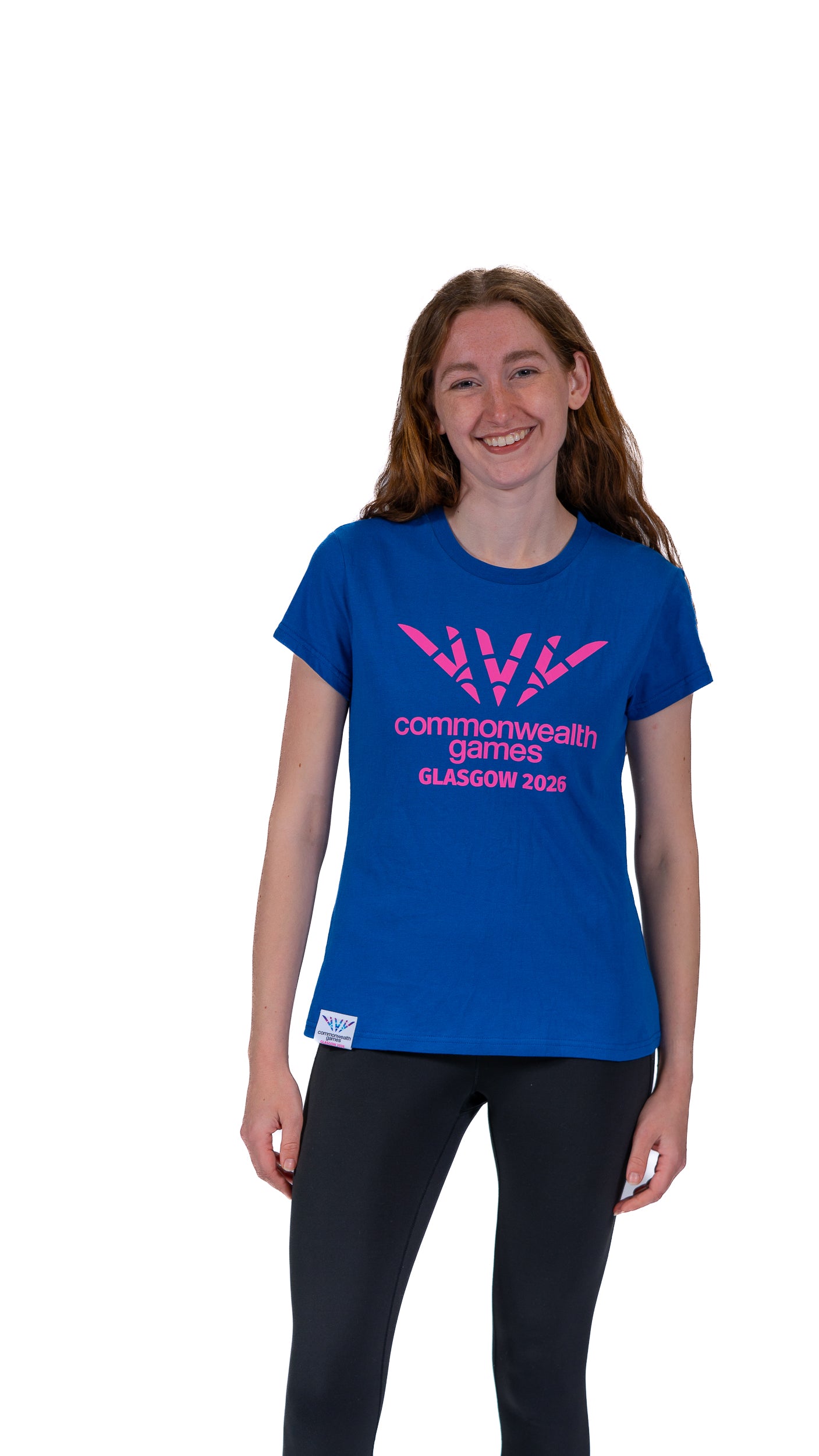 Woman wearing denim blue fitted t-shirt with single colour, white Glasgow 2026 logo.