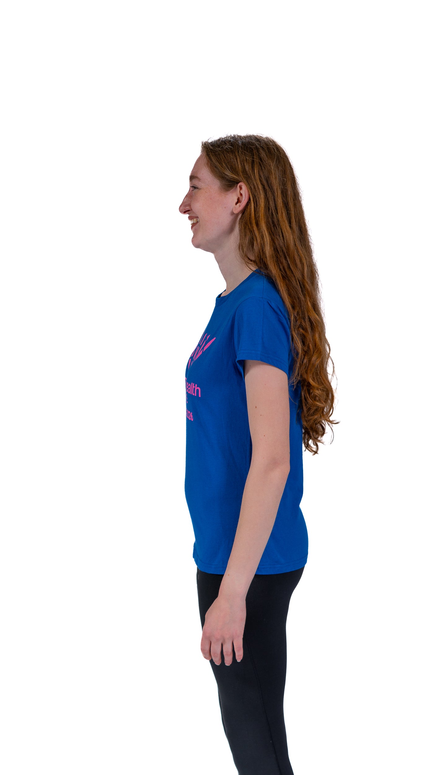 Side view of woman wearing denim blue fitted t-shirt with single colour, pink Glasgow 2026 logo.