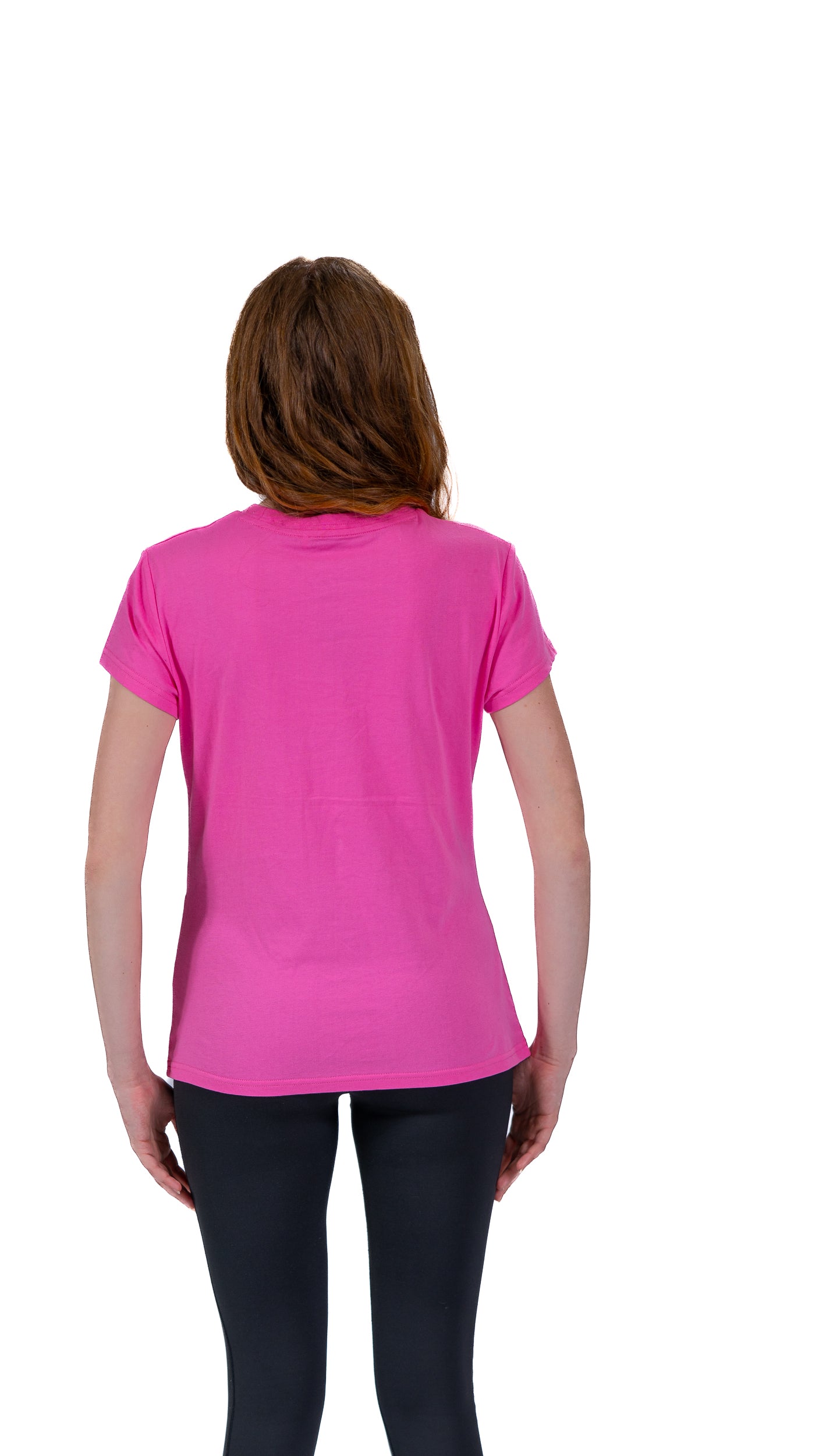 Back view of woman wearing pink fitted Glasgow 2026 logo t-shirt.