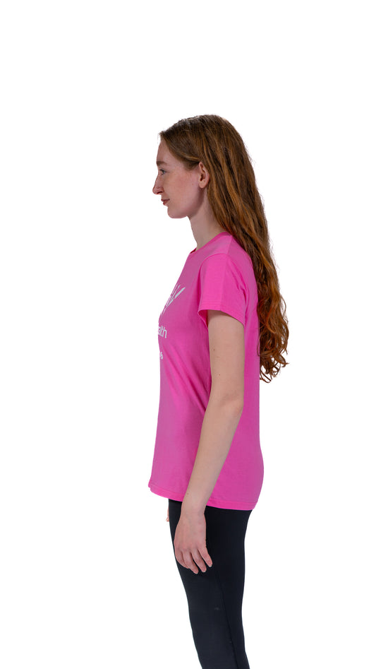 Side view of oman wearing pink fitted t-shirt with single colour, white Glasgow 2026 logo.