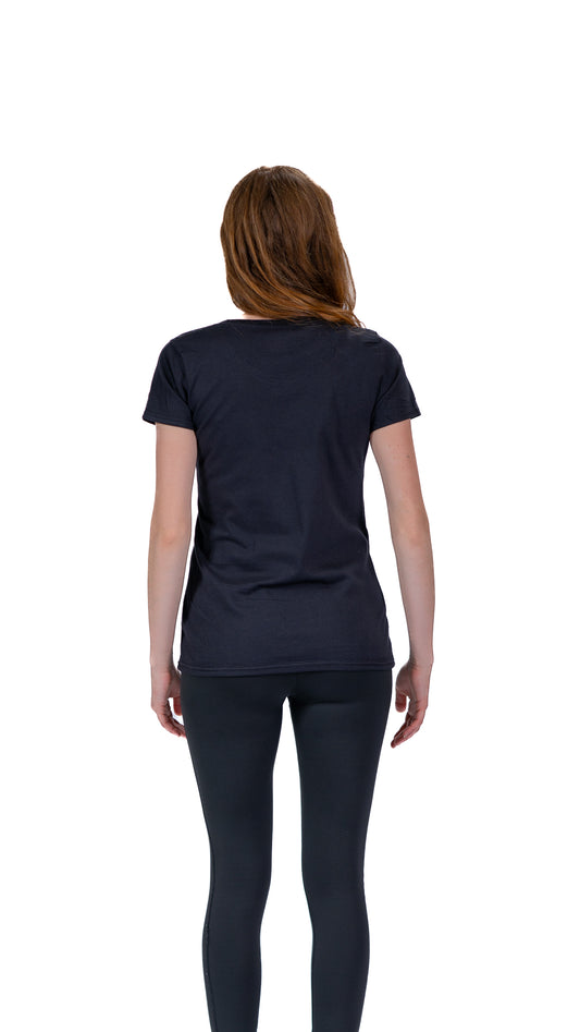 Back view of woman wearing navy Glasgow 2026 Wellington t-shirt.