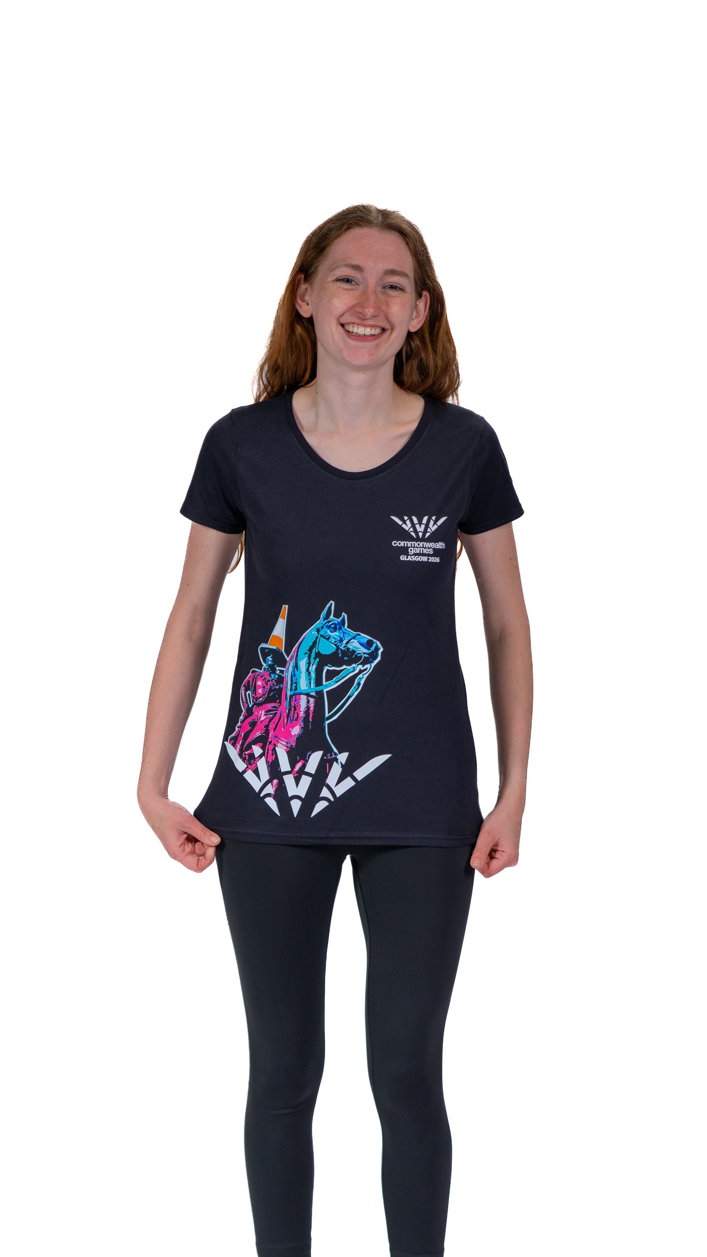Woman wearing navy fitted t-shirt with Glasgow 2026 logo and Wellington graphic side print.