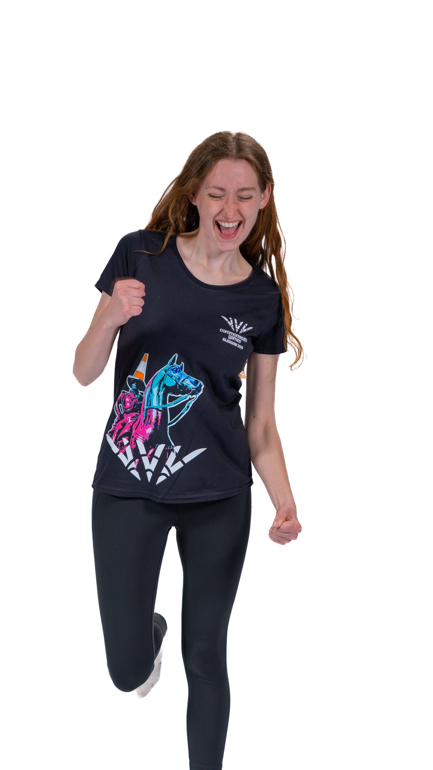 Woman wearing navy fitted t-shirt with Glasgow 2026 logo and Wellington graphic side print.