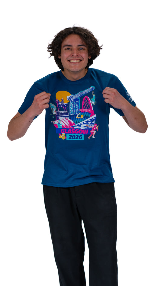 Front view of man wearing navy t-shirt with Glasgow Cityscape graphic.