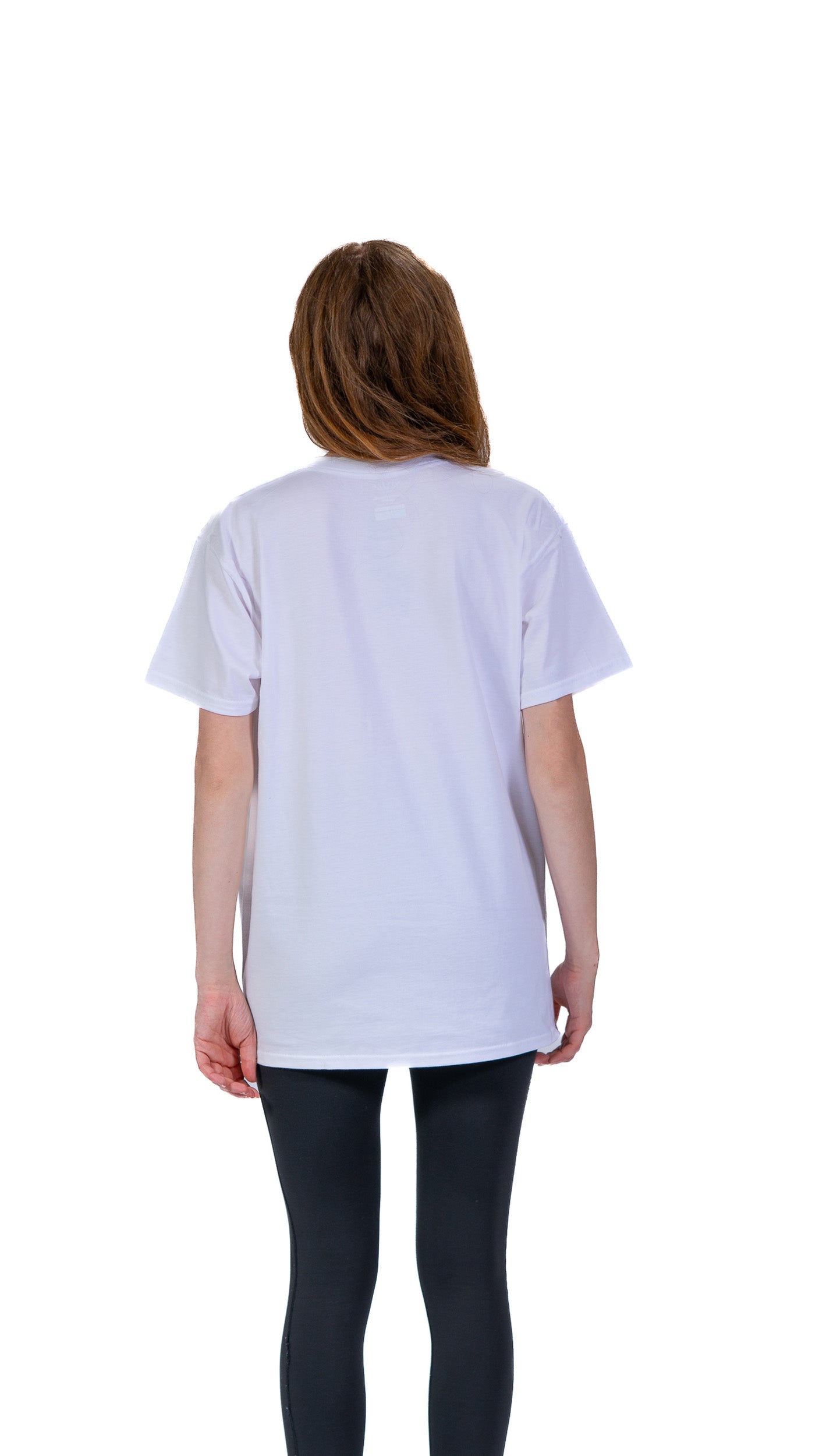 Side view of woman wearing white Glasgow Cityscape t-shirt.
