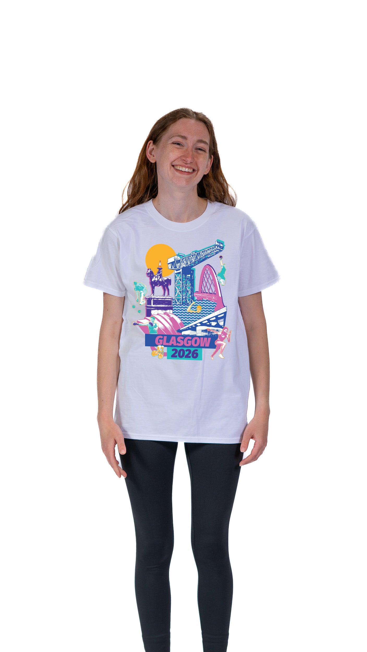 Front view of woman wearing white t-shirt with Glasgow Cityscape graphic.