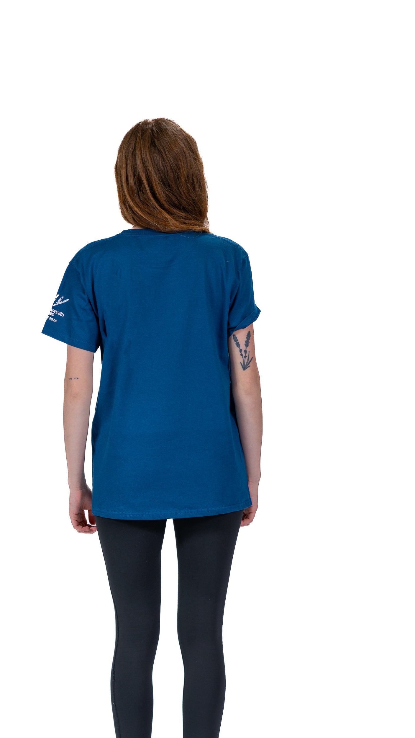 Side view of woman wearing navy Glasgow Cityscape t-shirt.