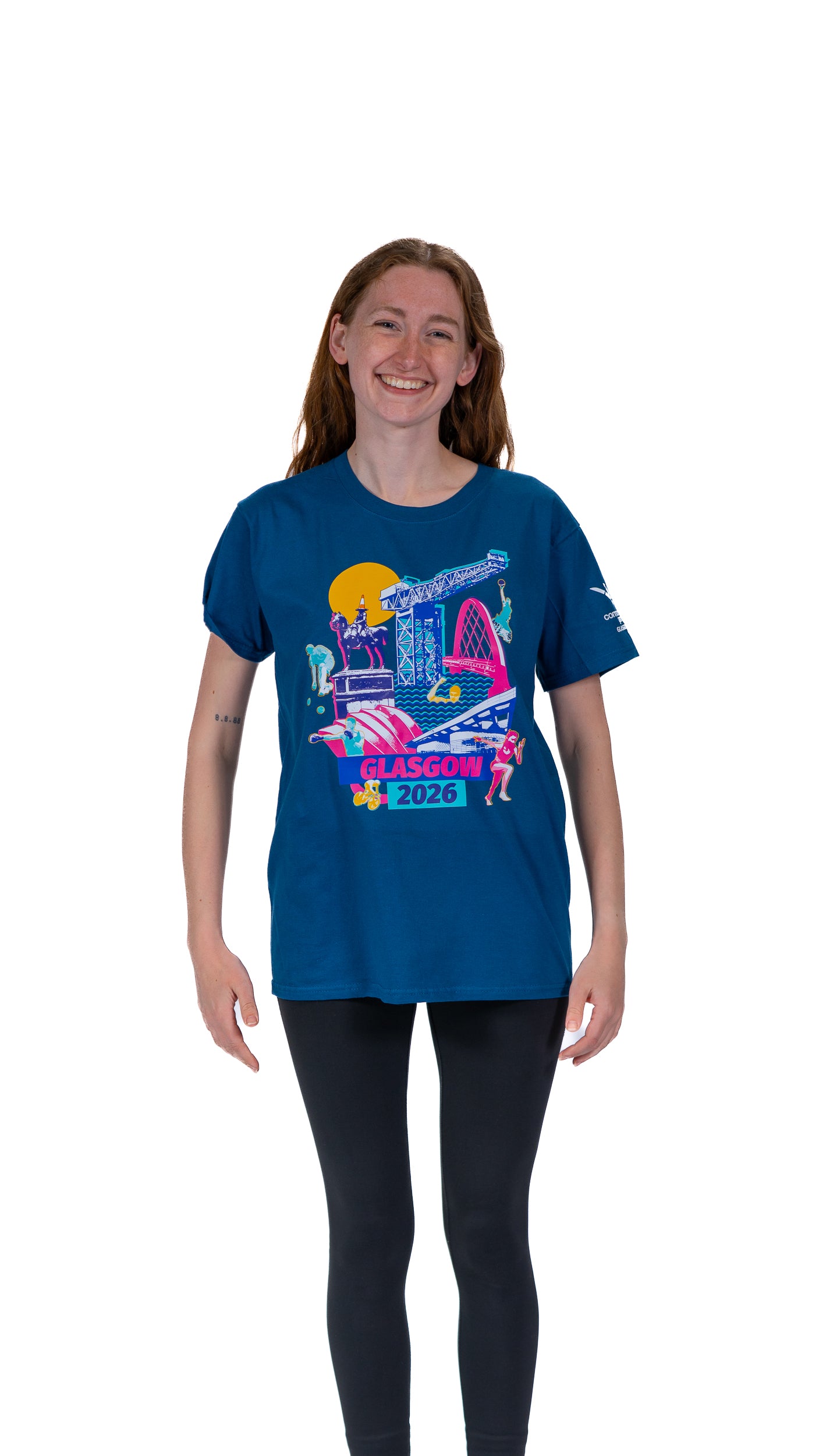 Front view of woman wearing navy t-shirt with Glasgow Cityscape graphic.