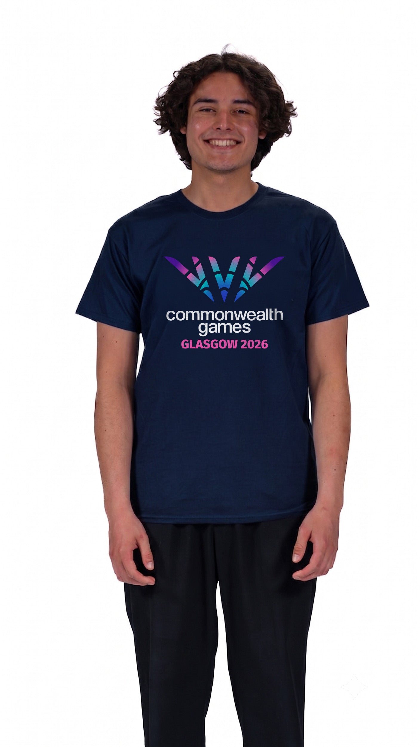 Front view of man wearing navy t-shirt with full colour Glasgow 2026 
