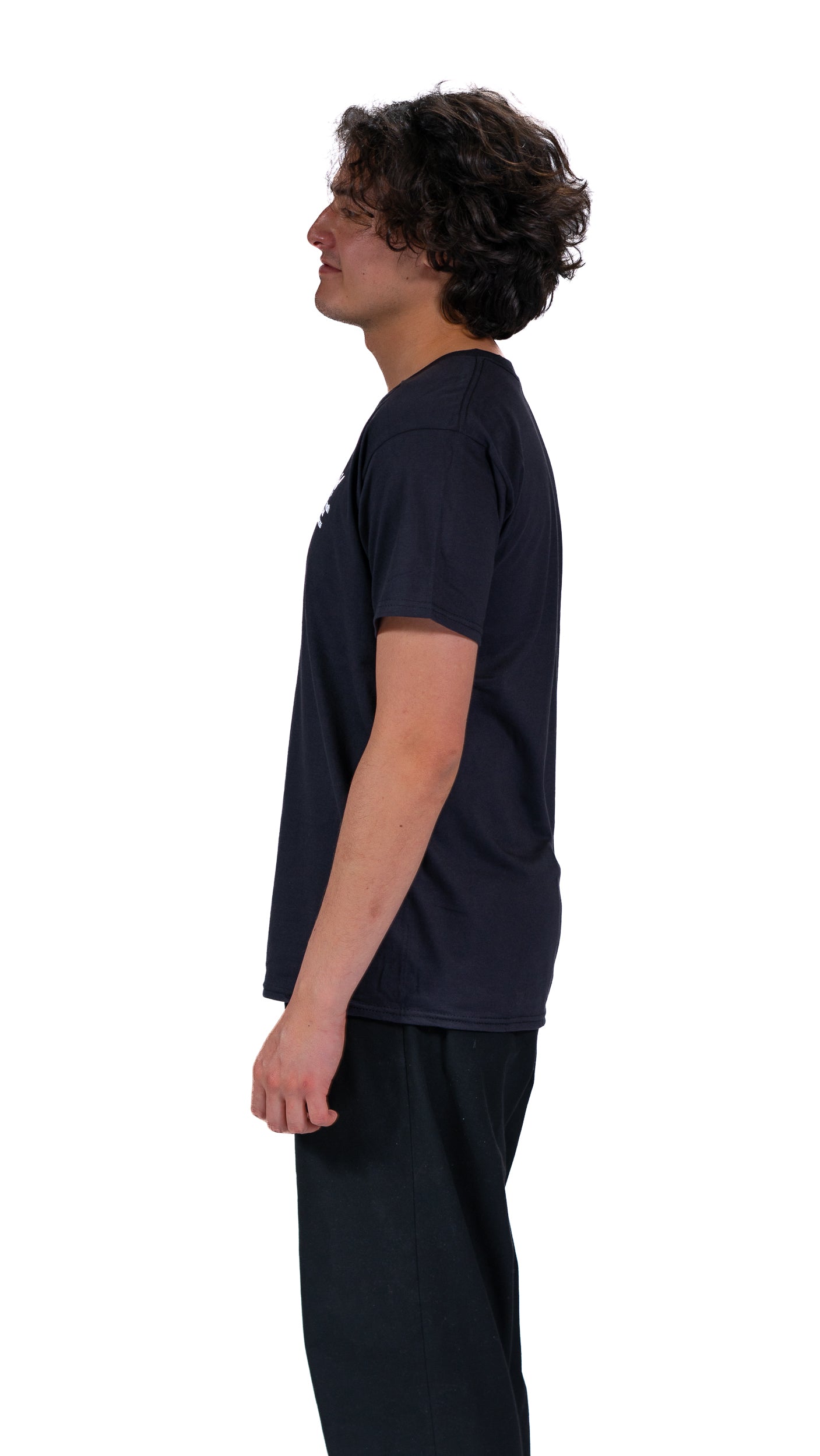 Side view of man wearing navy Glasgow 2026 Logo t-shirt.