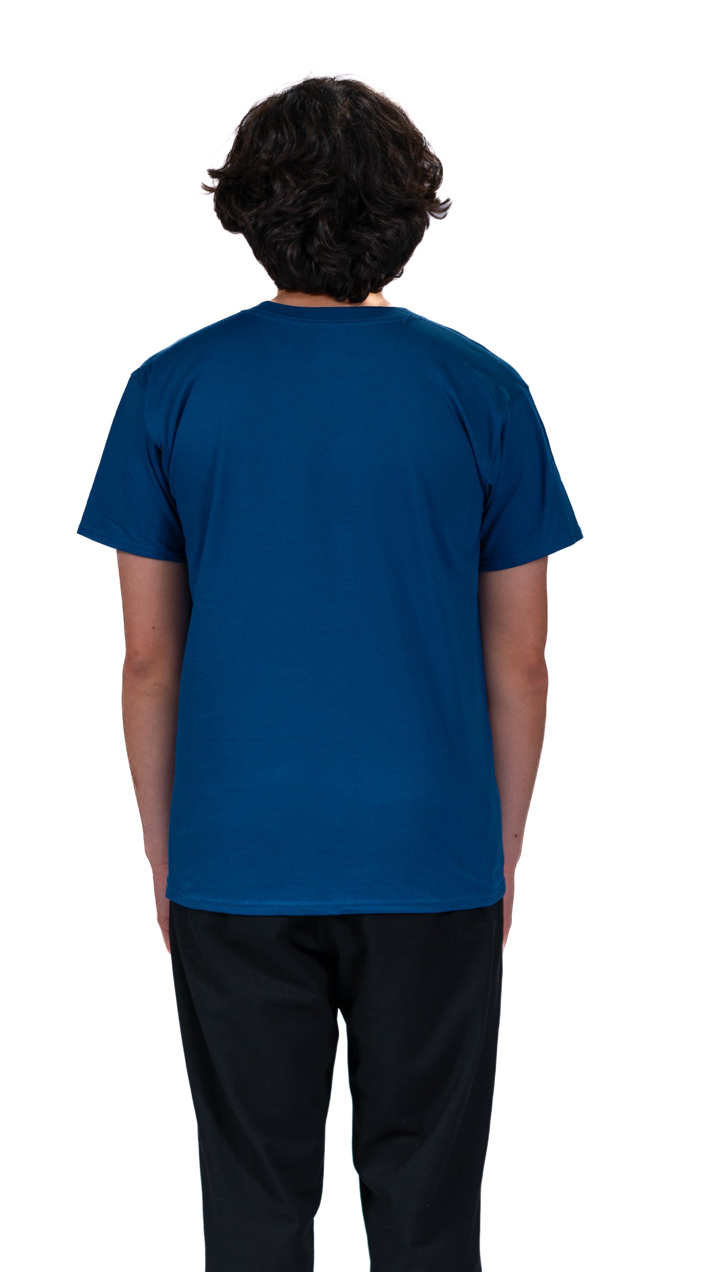 Back view of man wearing denim blue Glasgow 2026 Logo t-shirt.