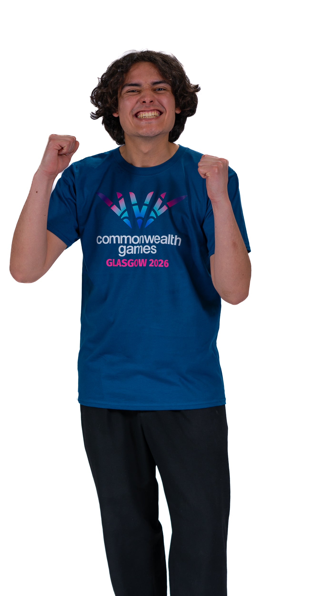 Front view of man wearing denim blue t-shirt with full colour Glasgow 2026 Logo.