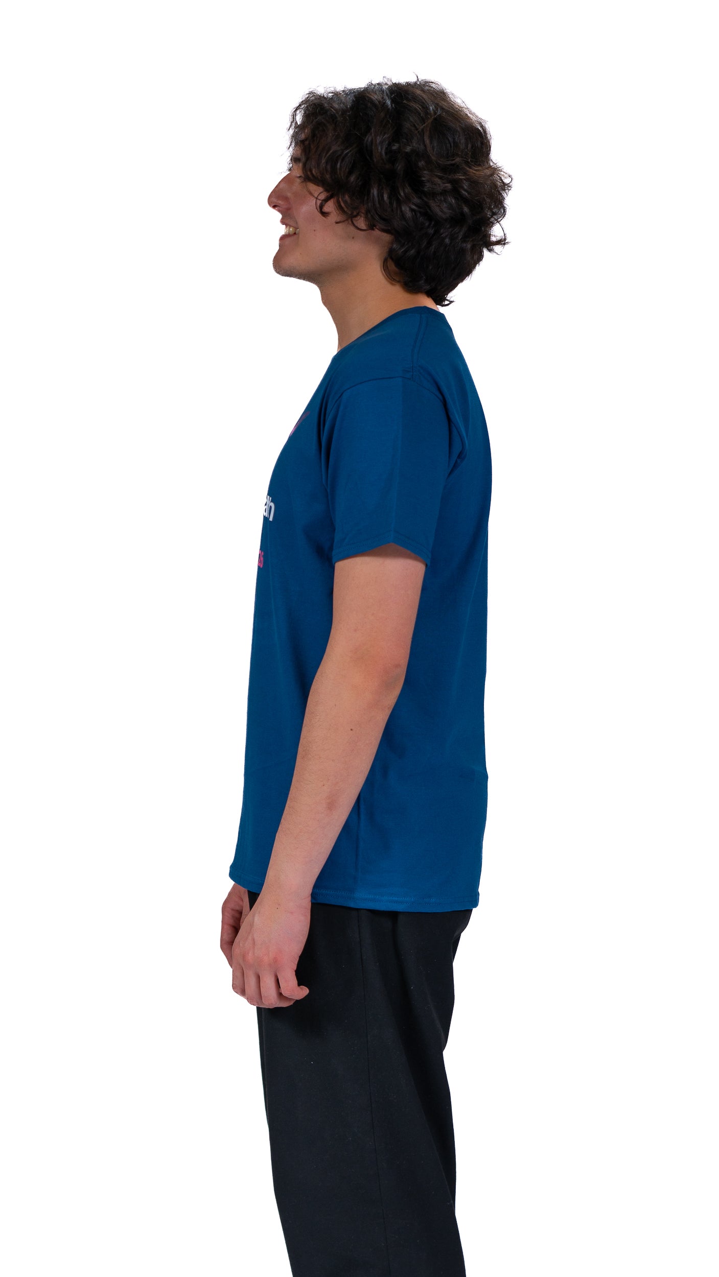 Side view of man wearing denim blue Glasgow 2026 Logo t-shirt.