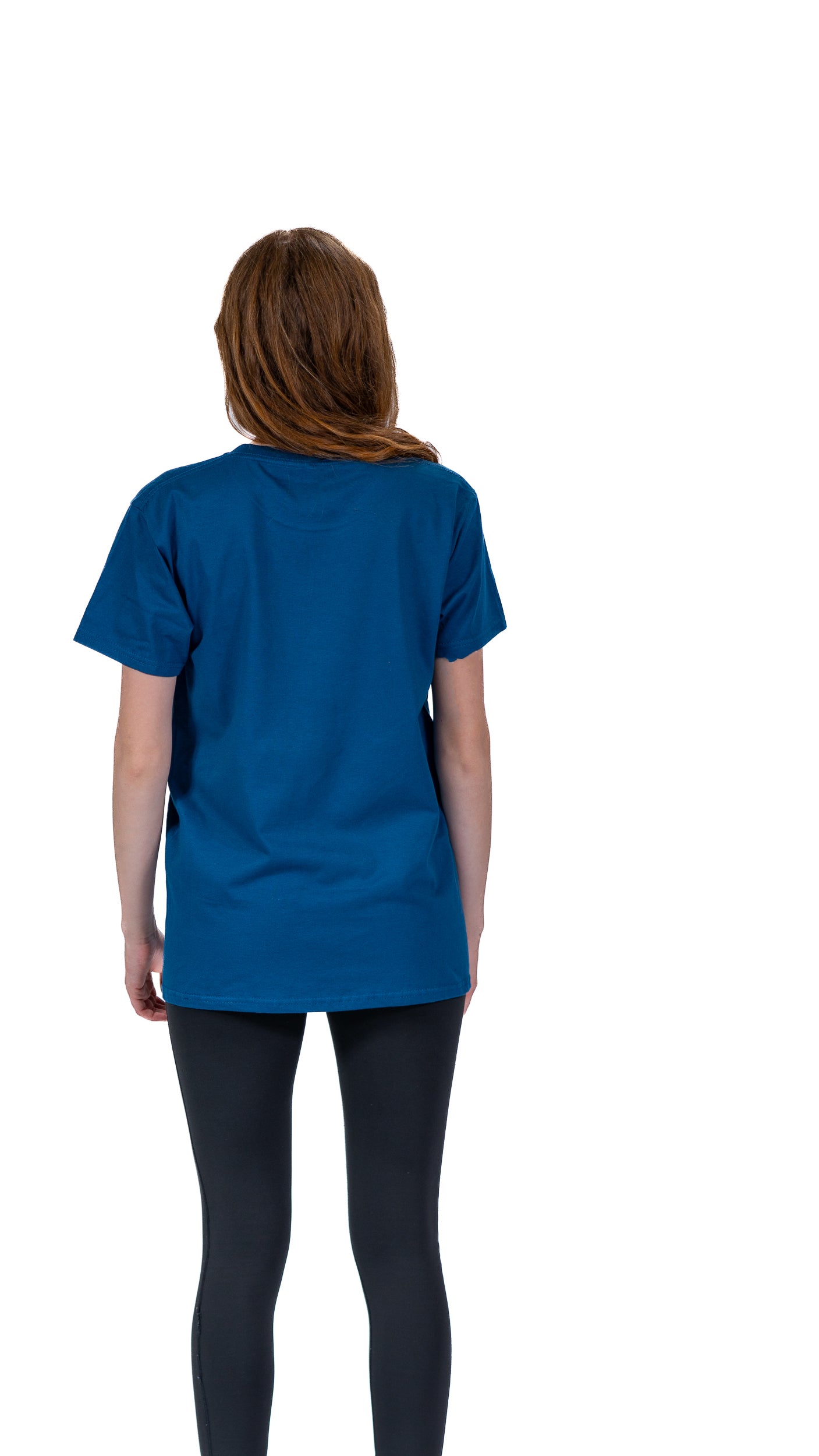 Back view of woman wearing denim blue Glasgow 2026 Logo t-shirt.