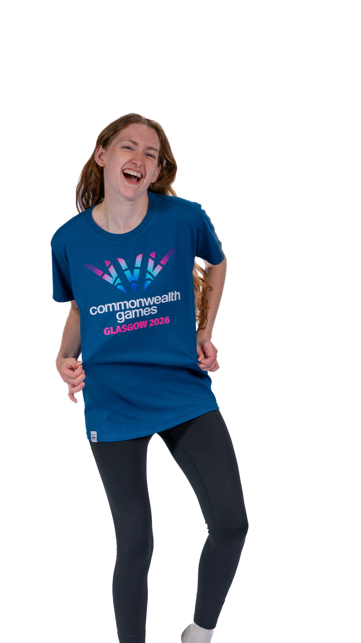 Front view of woman wearing denim blue t-shirt with full colour Glasgow 2026 Logo.
