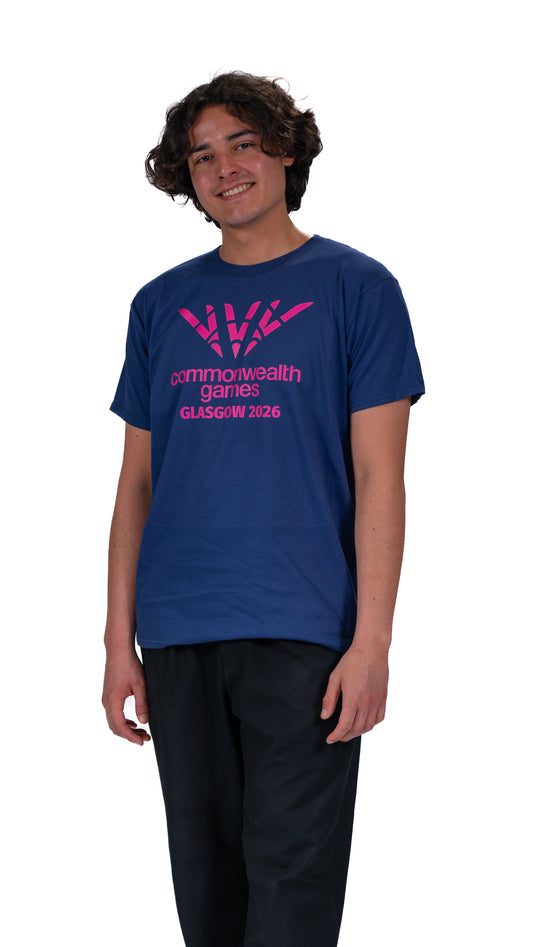 Side view of man wearing navy t-shirt with single colour pink Glasgow 2026 logo on the front.