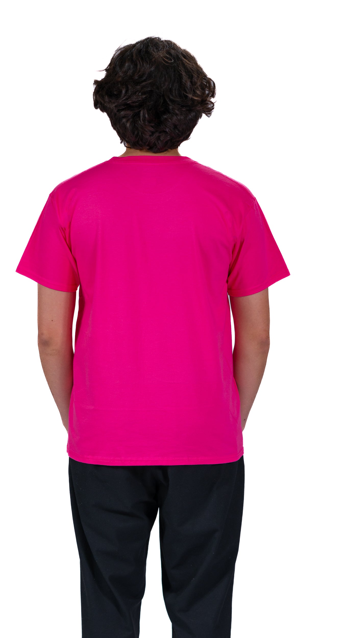 Back view of man wearing Glasgow 2026 single colour logo pink t-shirt.