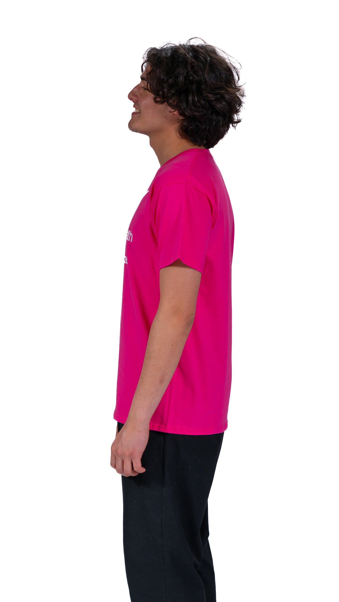 Side view of man wearing pink t-shirt with single colour white Glasgow 2026 logo on the front.