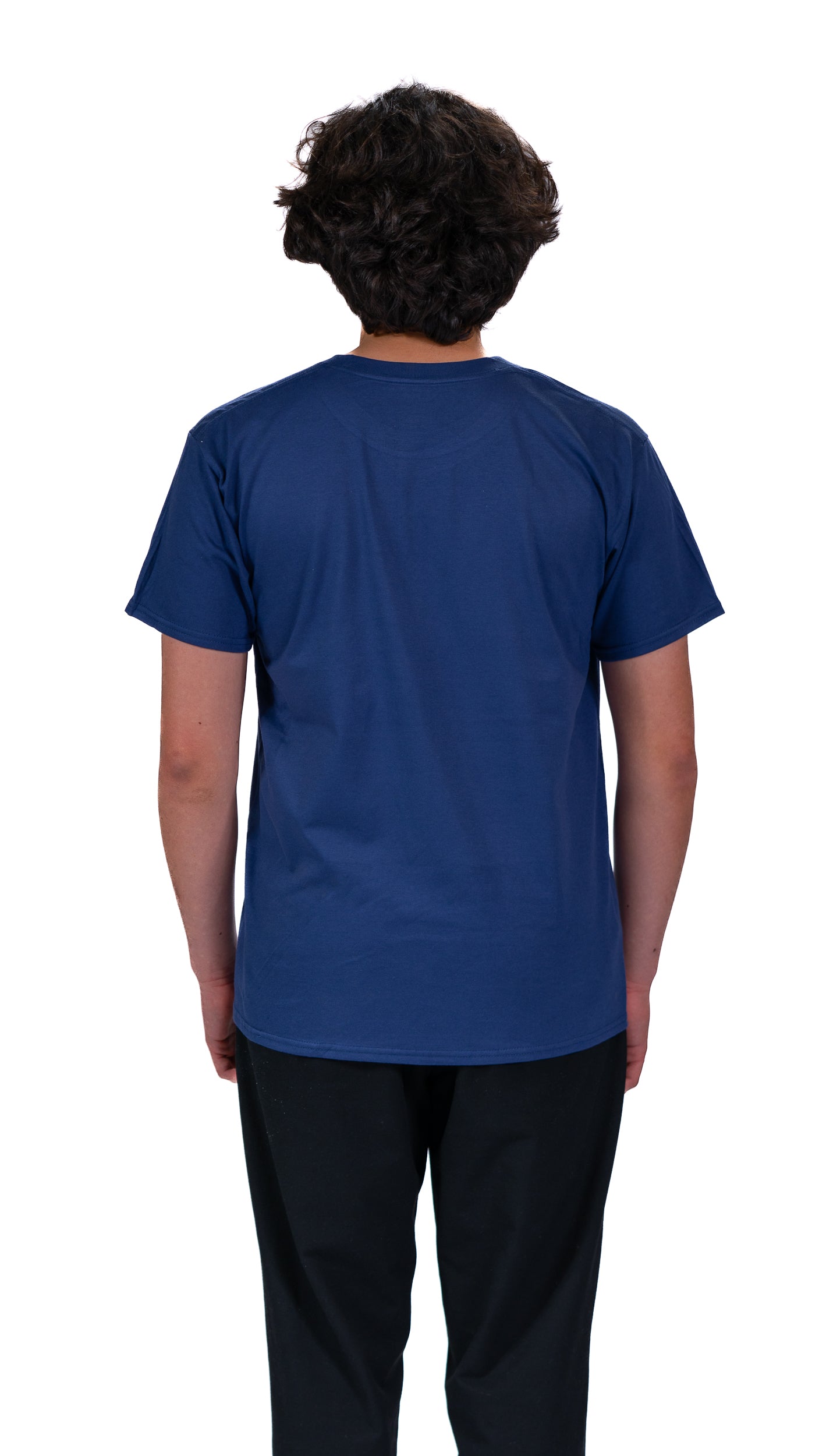 Back view of man wearing Glasgow 2026 single colour logo navy t-shirt.