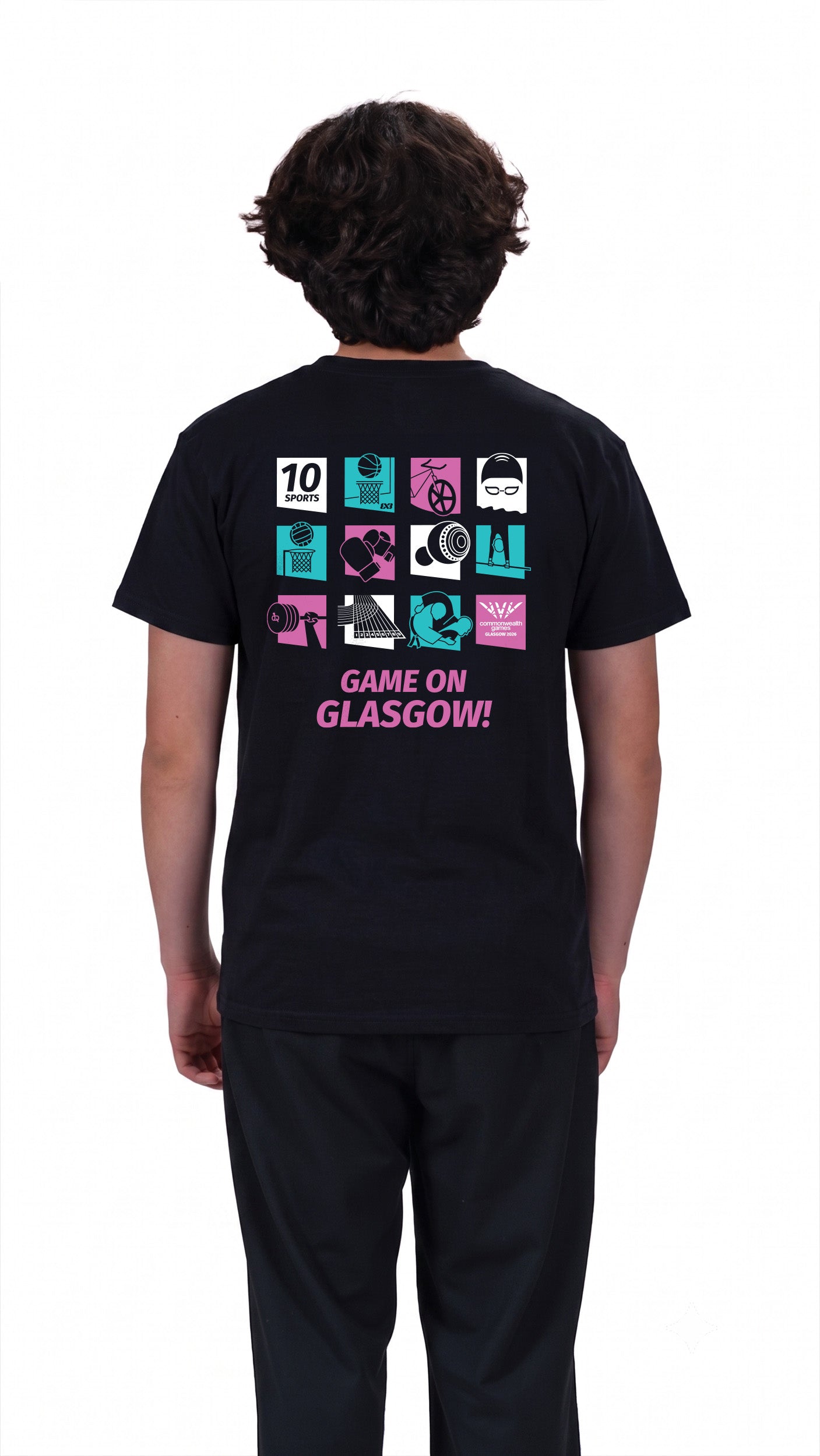 Back view of man wearing black pictogram t-shirt showing Glasgow 2026 pictograms for each sport on the back.