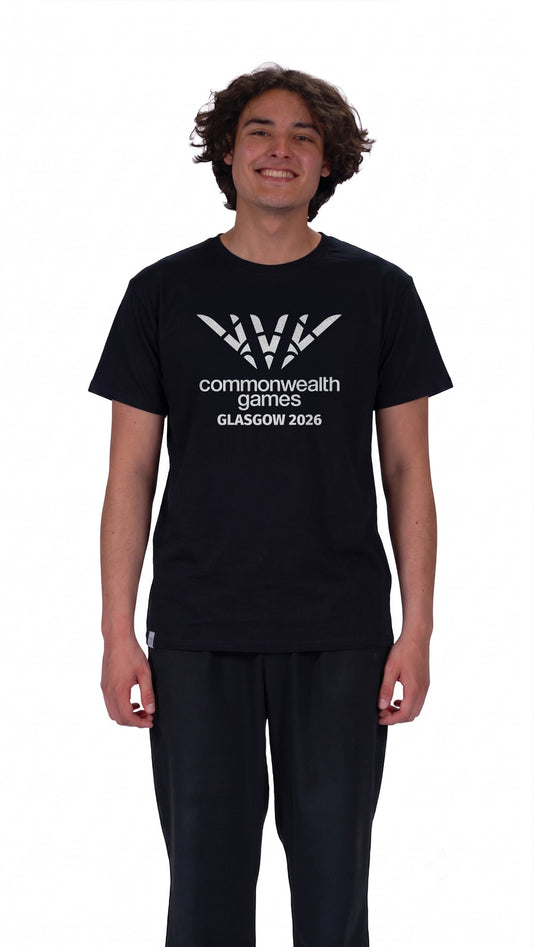 Front view of man wearing black pictogram t-shirt showing full colour Glasgow 2026 logo on the front.