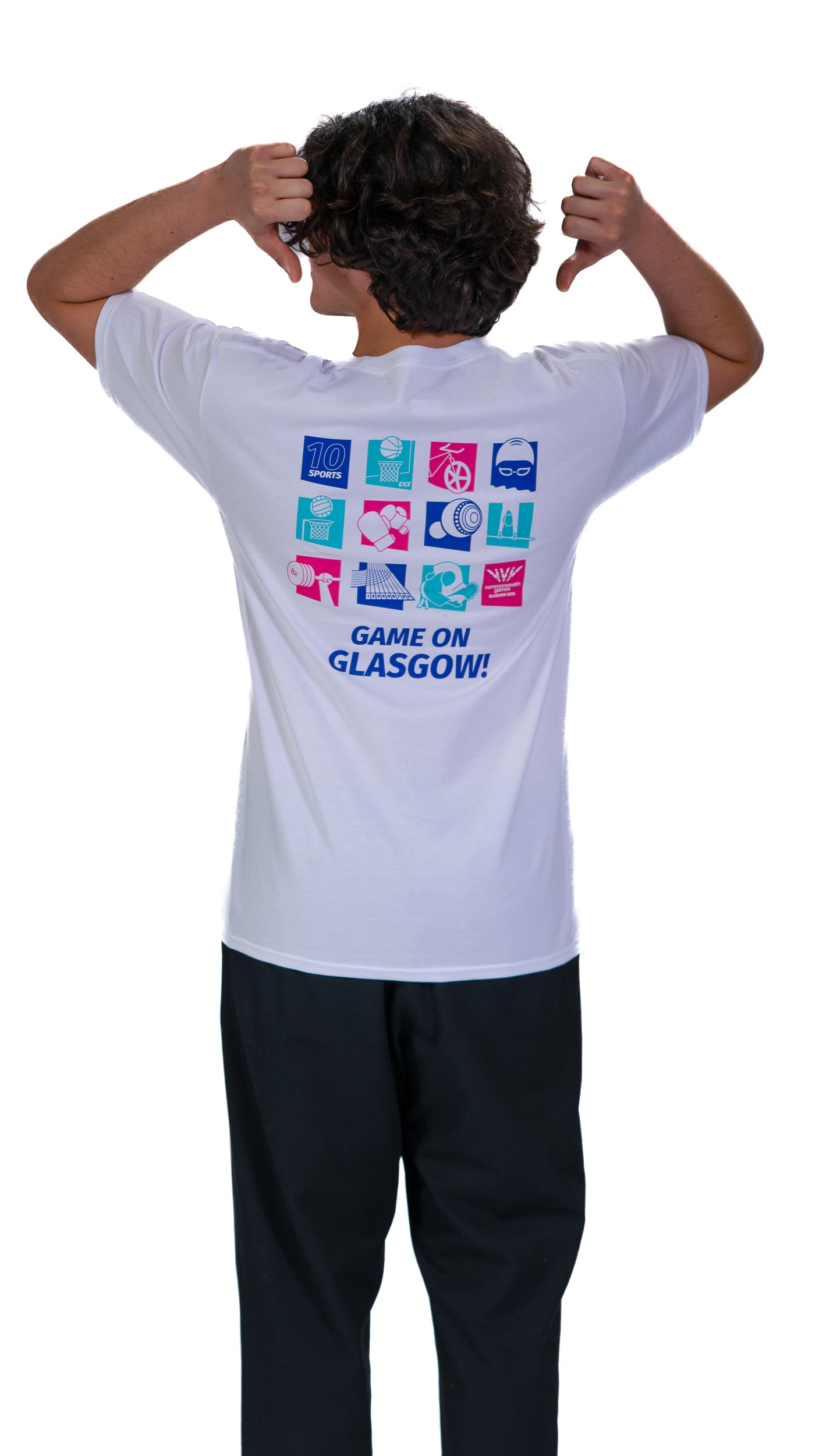 Front view of man wearing white pictogram t-shirt showing Glasgow 2026 pictograms for each sport on the back.