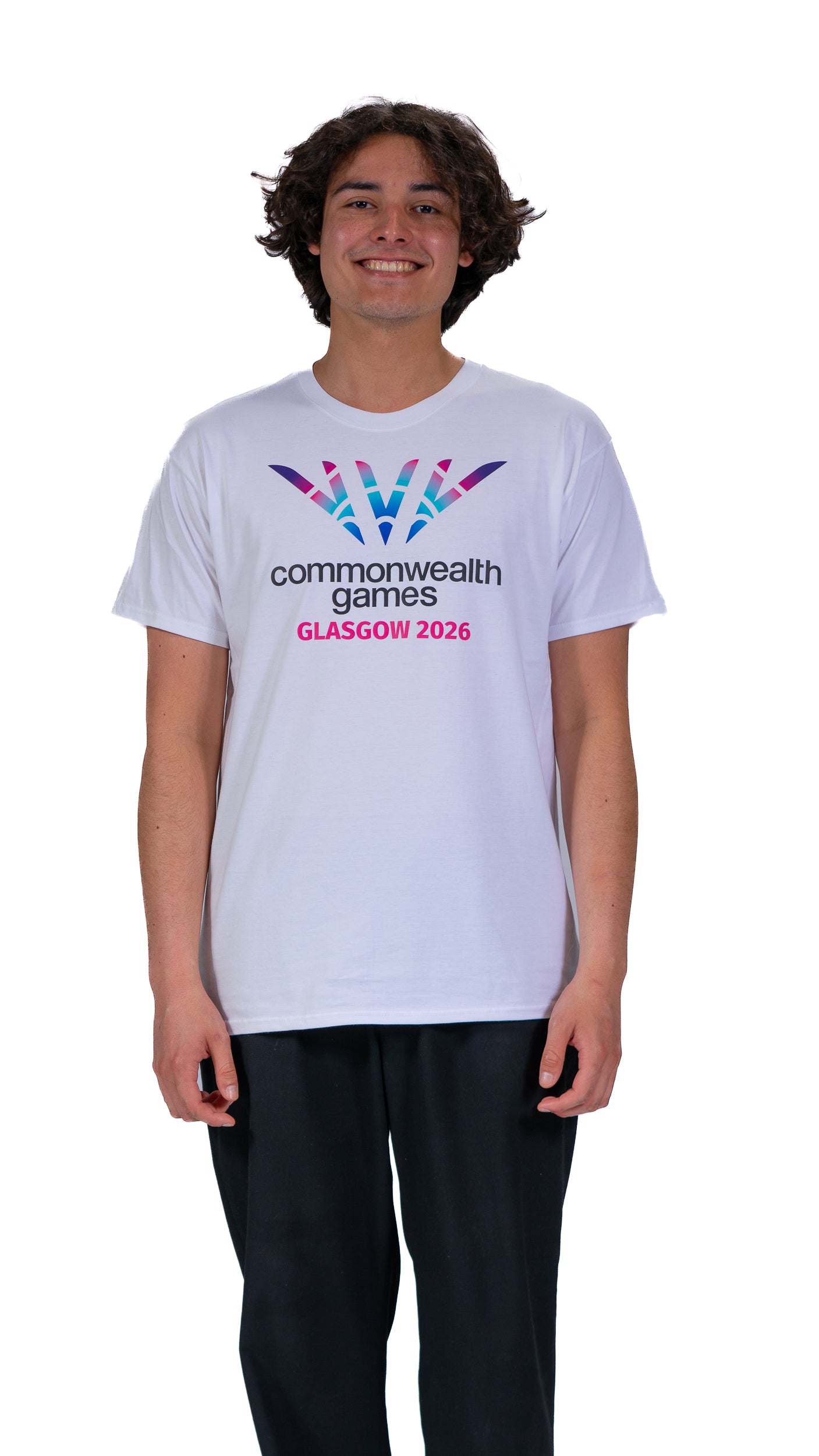Front view of man wearing white pictogram t-shirt showing full colour Glasgow 2026 logo on the front.