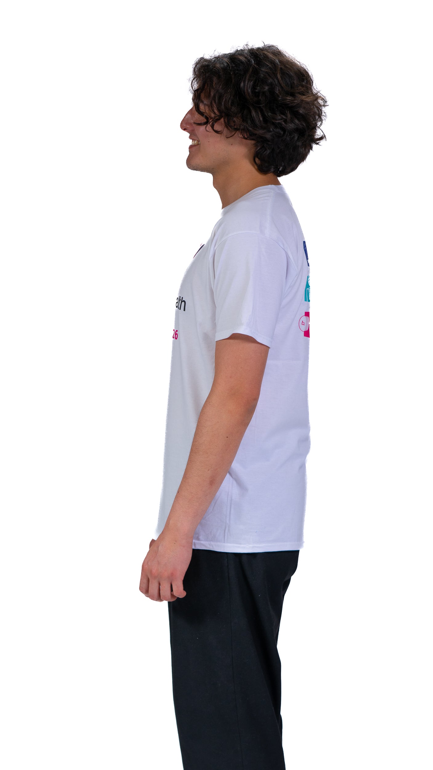 Front view of man wearing white Glasgow 2026 pictogram t-shirt.