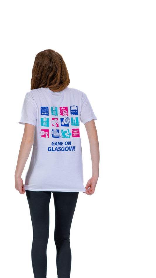 Back view of woman wearing white pictogram t-shirt showing Glasgow 2026 pictograms for each sport on the back.
