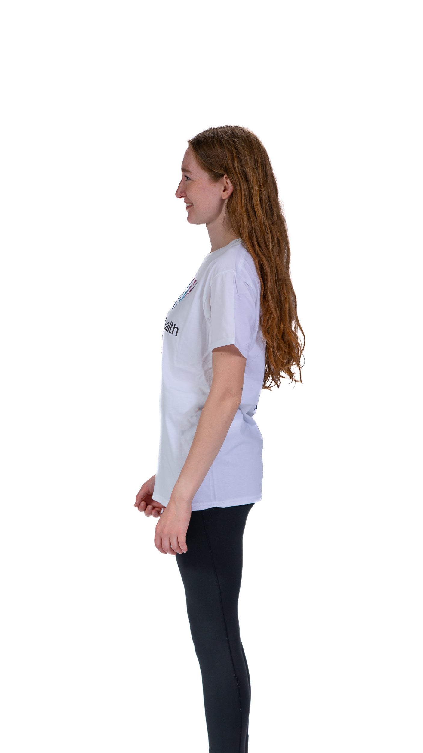 Front view of woman wearing white Glasgow 2026 pictogram t-shirt.