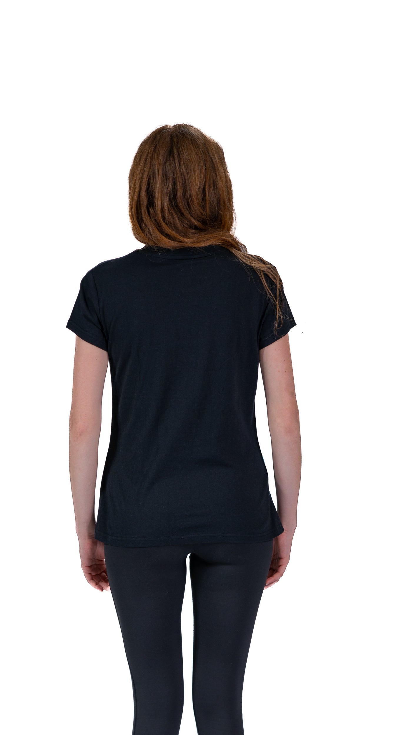 Front view of woman wearing black fitted Glasgow 2026 side print t-shirt.
