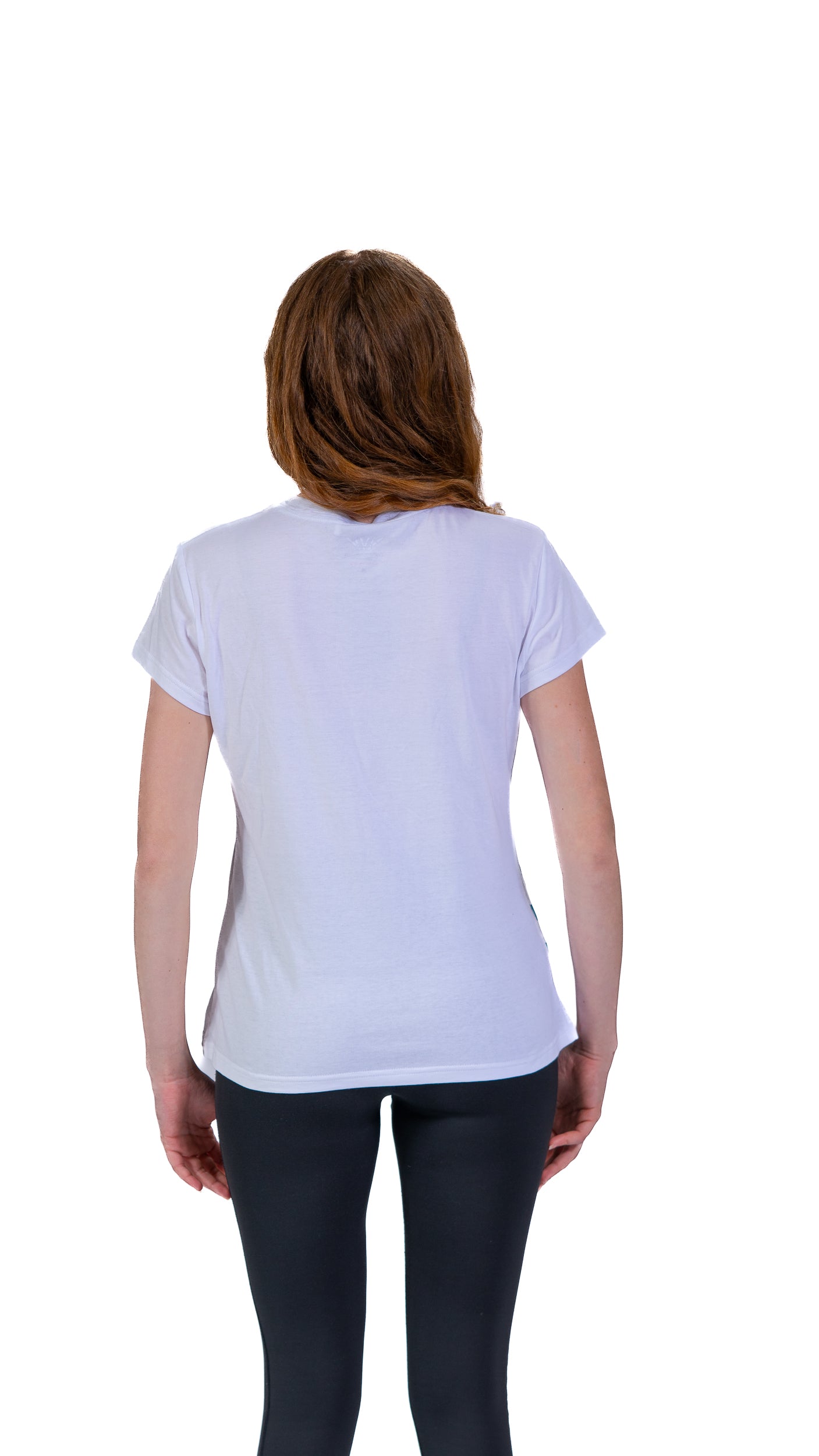 Front view of woman wearing side fitted Glasgow 2026 side print t-shirt.