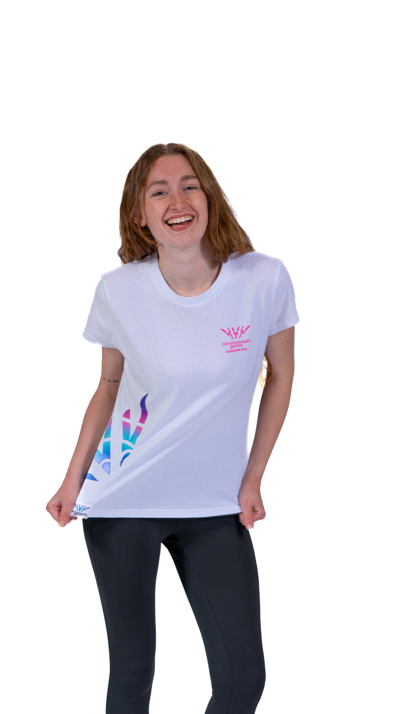 Front view of woman wearing white fitted t-shirt with Glasgow 2026 logo chest print and Celebration mark side print.
