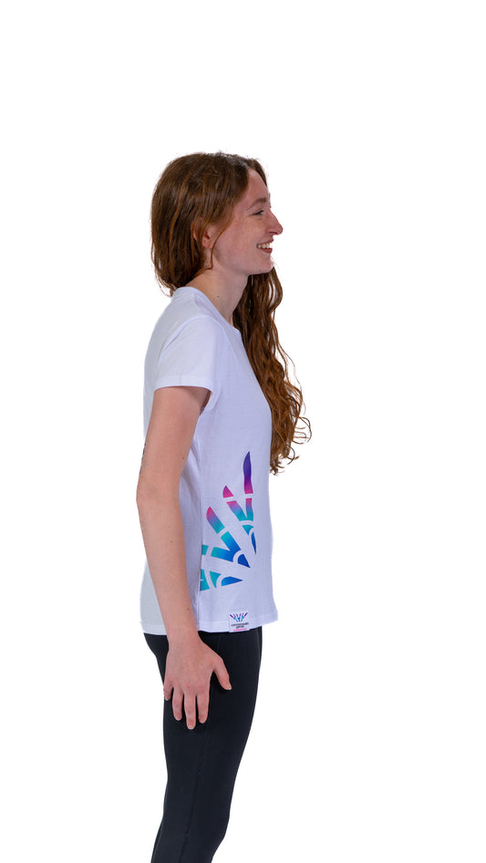 Front view of woman wearing white fitted t-shirt with Glasgow 2026 logo chest print and Celebration mark side print.