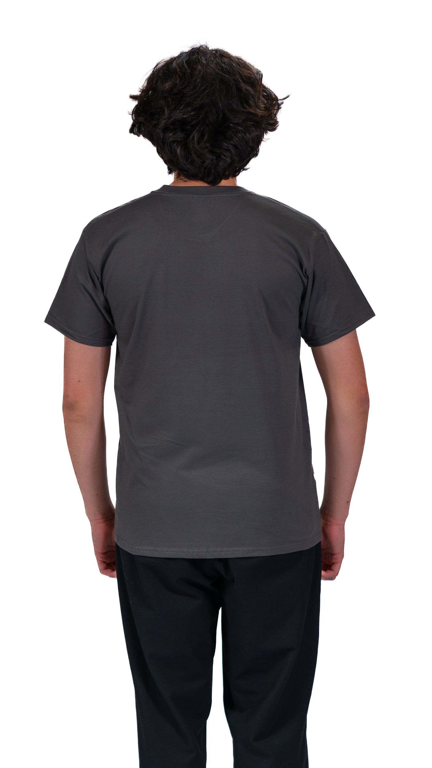 Side view of man wearing grey Glasgow 2026 Wellington t-shirt.