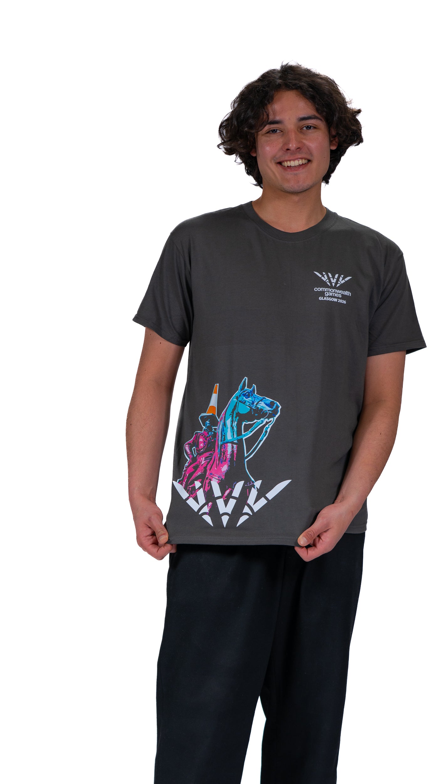Man wearing grey t-shirt with Glasgow 2026 logo and Wellington graphic side print.