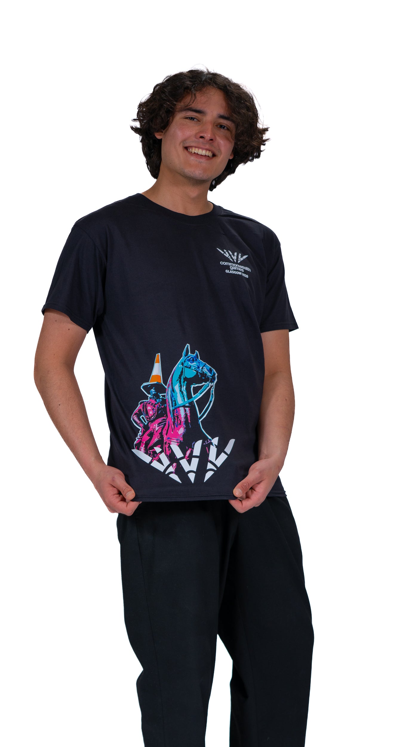 Man wearing navy t-shirt with Glasgow 2026 logo and Wellington graphic side print.