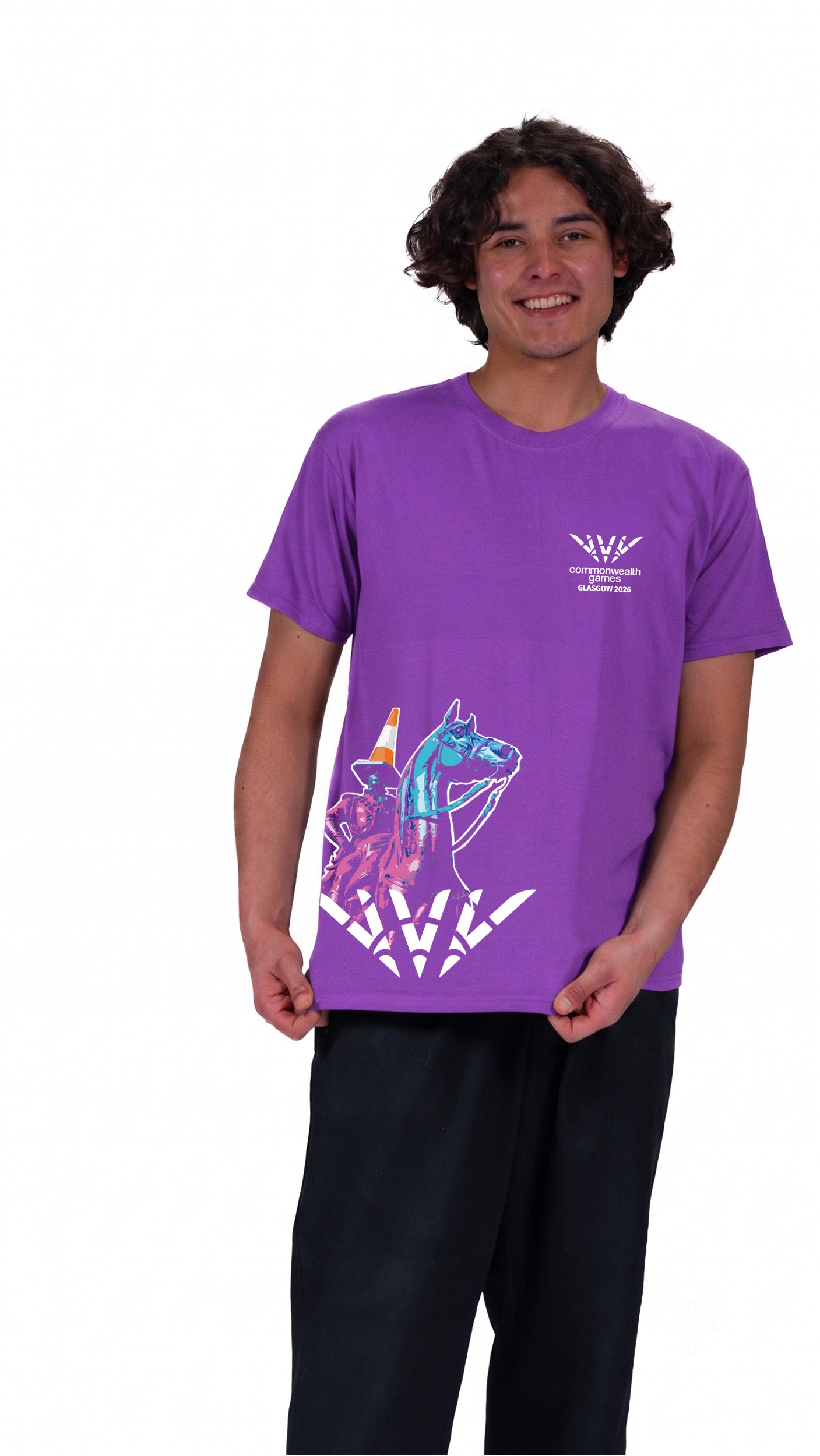 Man wearing purple t-shirt with Glasgow 2026 logo and Wellington graphic side print.