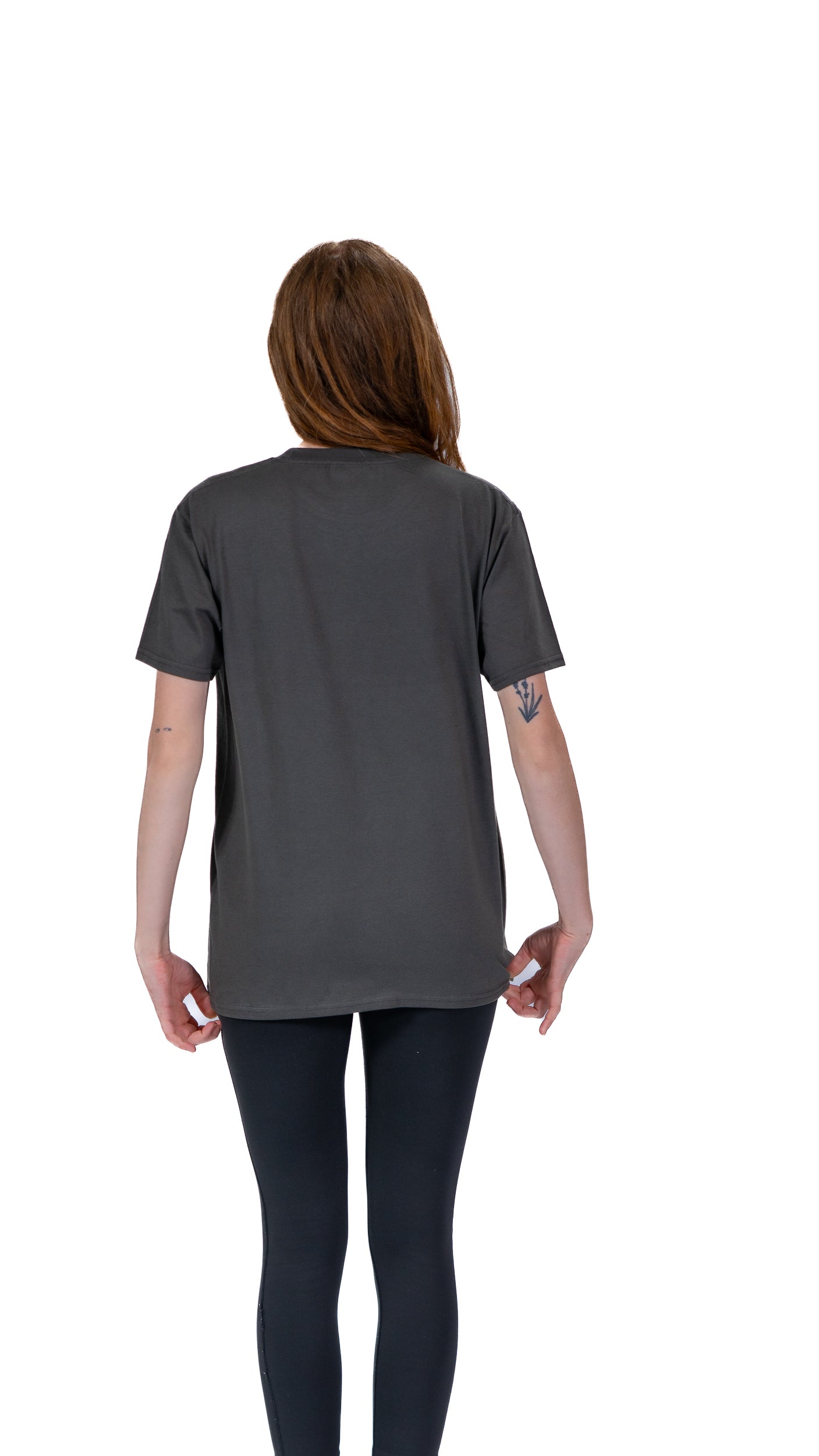 Back view of woman wearing grey Glasgow 2026 Wellington t-shirt.