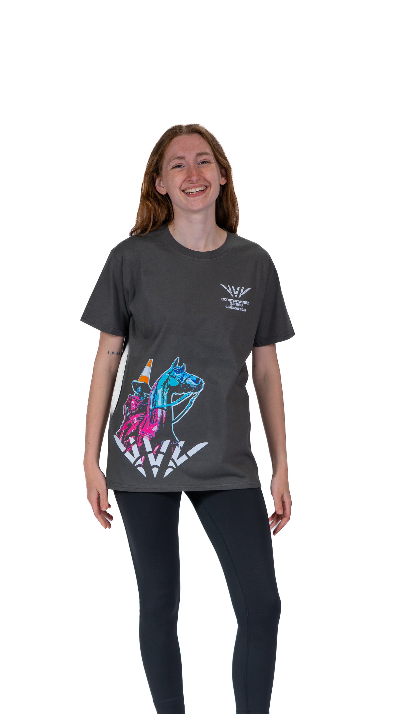 Woman wearing grey t-shirt with Glasgow 2026 logo and Wellington graphic side print.