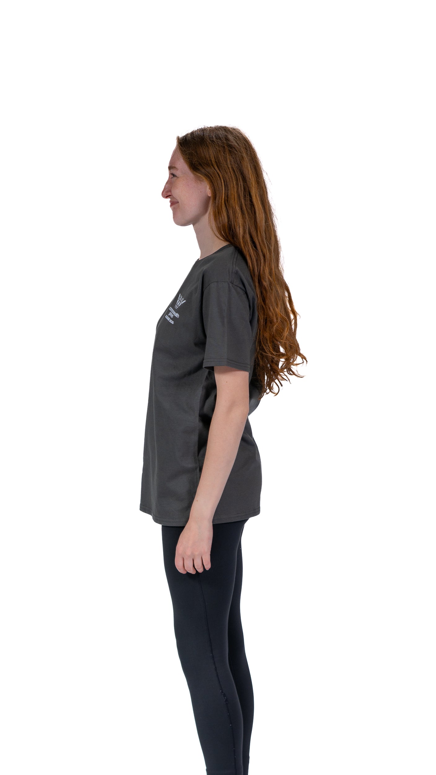 Side view of woman wearing grey Glasgow 2026 Wellington t-shirt.