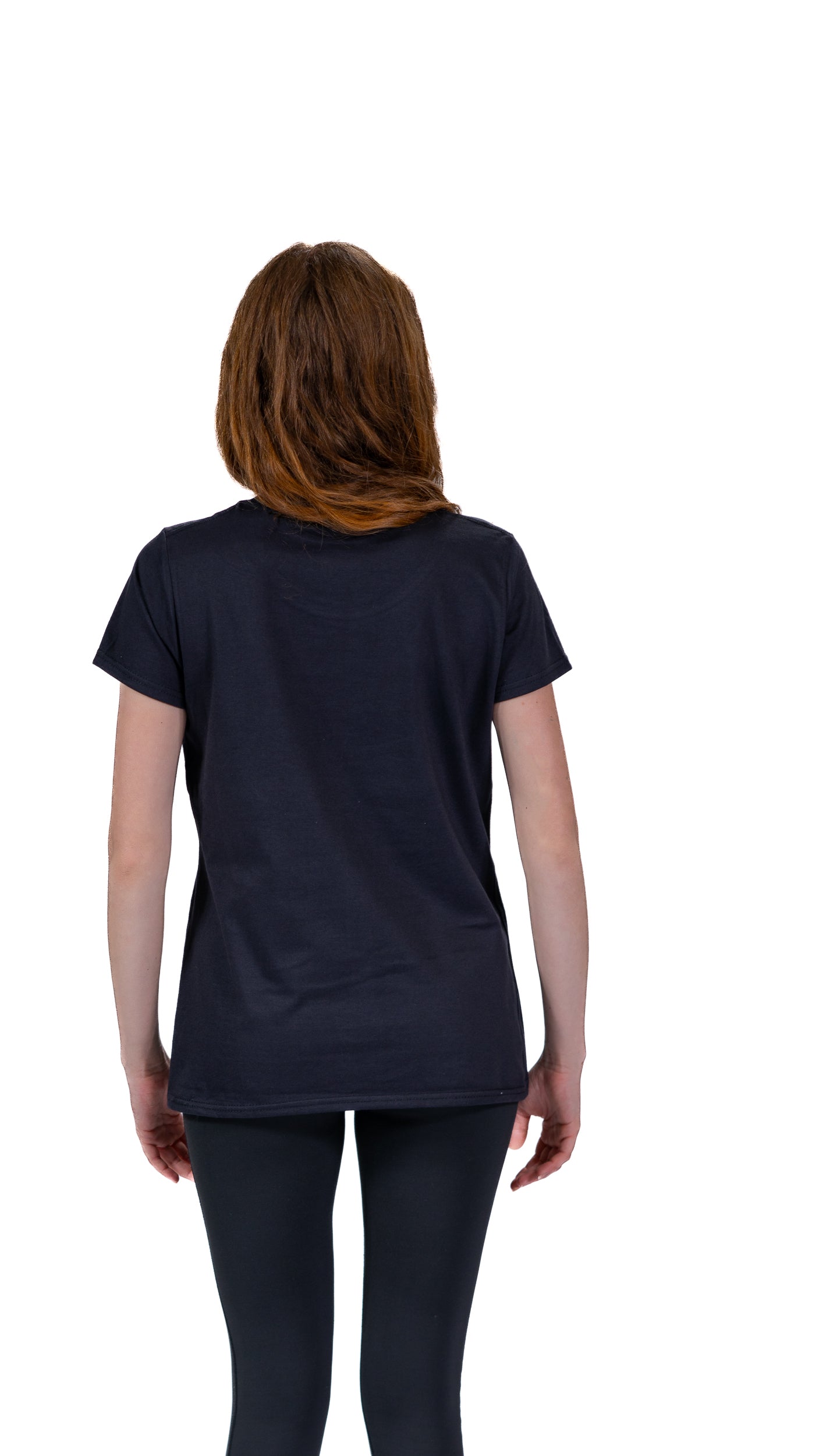 Back view of woman wearing navy Glasgow 2026 Wellington t-shirt.