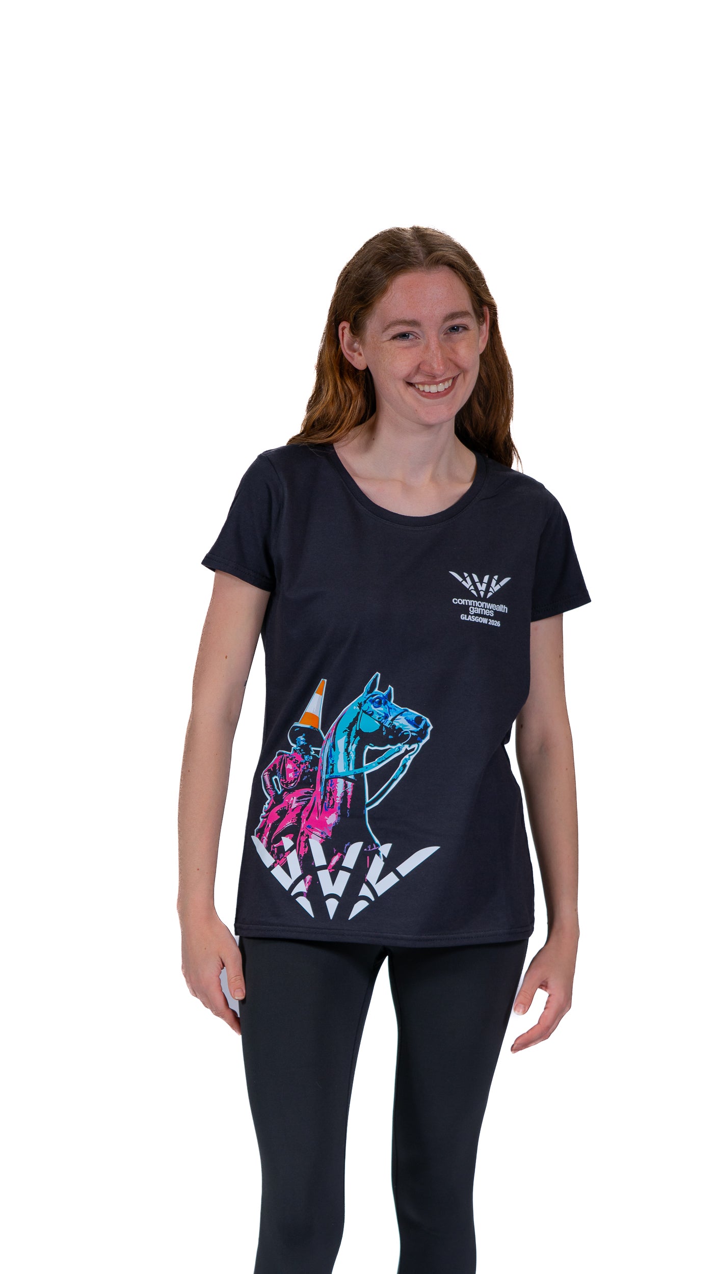 Woman wearing navy t-shirt with Glasgow 2026 logo and Wellington graphic side print.